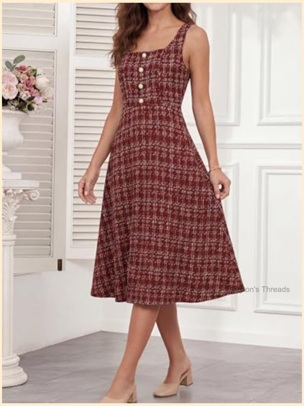 Sleeveless Midi Gingham Dress Square Neck A-Line Flowy Cottagecore - Picture 6 of 7
